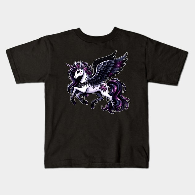 Cosmic unicorn glitter dark pegasus Kids T-Shirt by beangeerie